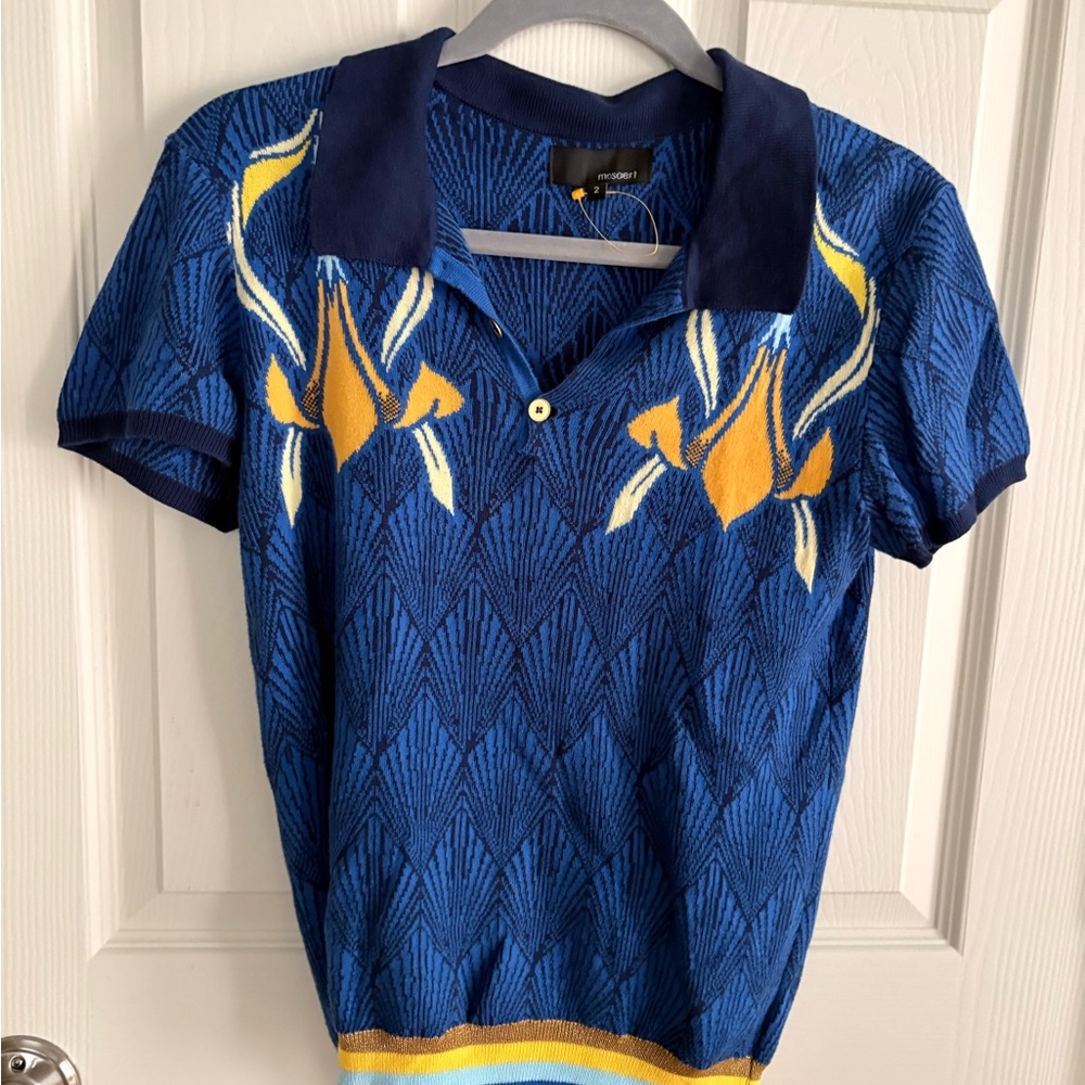 Blue & Yellow Floral Knit Polo Top
